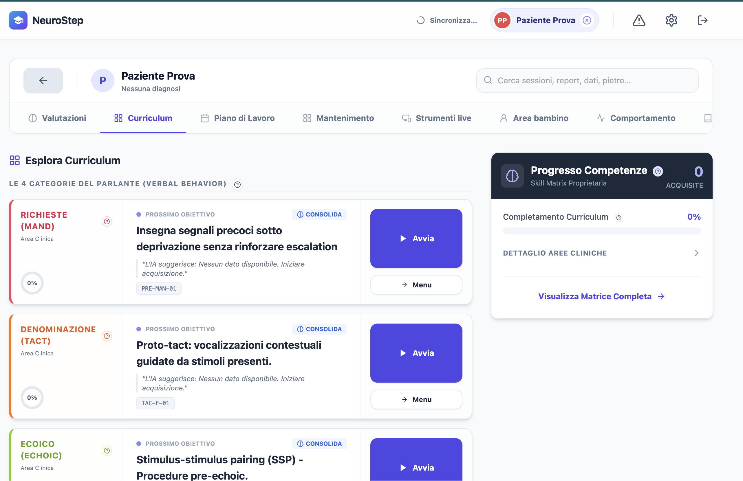 Anteprima del curriculum NeuroStep organizzato per obiettivi e progressi